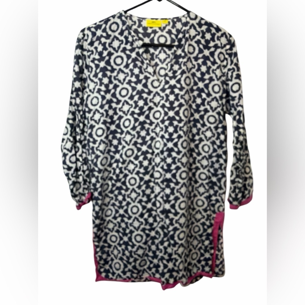 Roberta Roller Rabbit Navy & White Geometric Print Pink Trim Top Tunic Coverup
